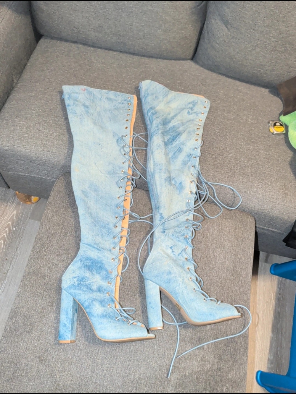 Fashion Nova Light Denim Lace-Up Over-the-Knee High Heel Boots